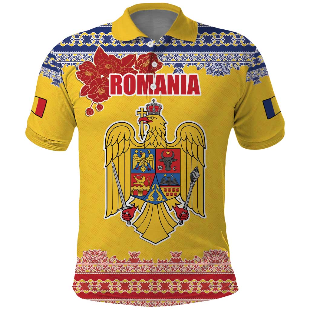Personalized Vintage Romania Coat of Arms Polo Shirt Golden Eagle with Romanian Peony LT17