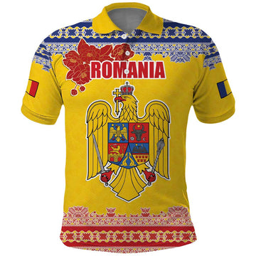 Personalized Vintage Romania Coat of Arms Polo Shirt Golden Eagle with Romanian Peony LT17