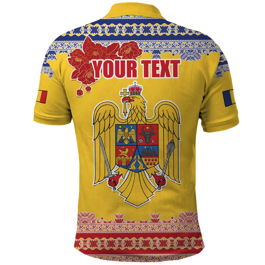 Personalized Vintage Romania Coat of Arms Polo Shirt Golden Eagle with Romanian Peony LT17