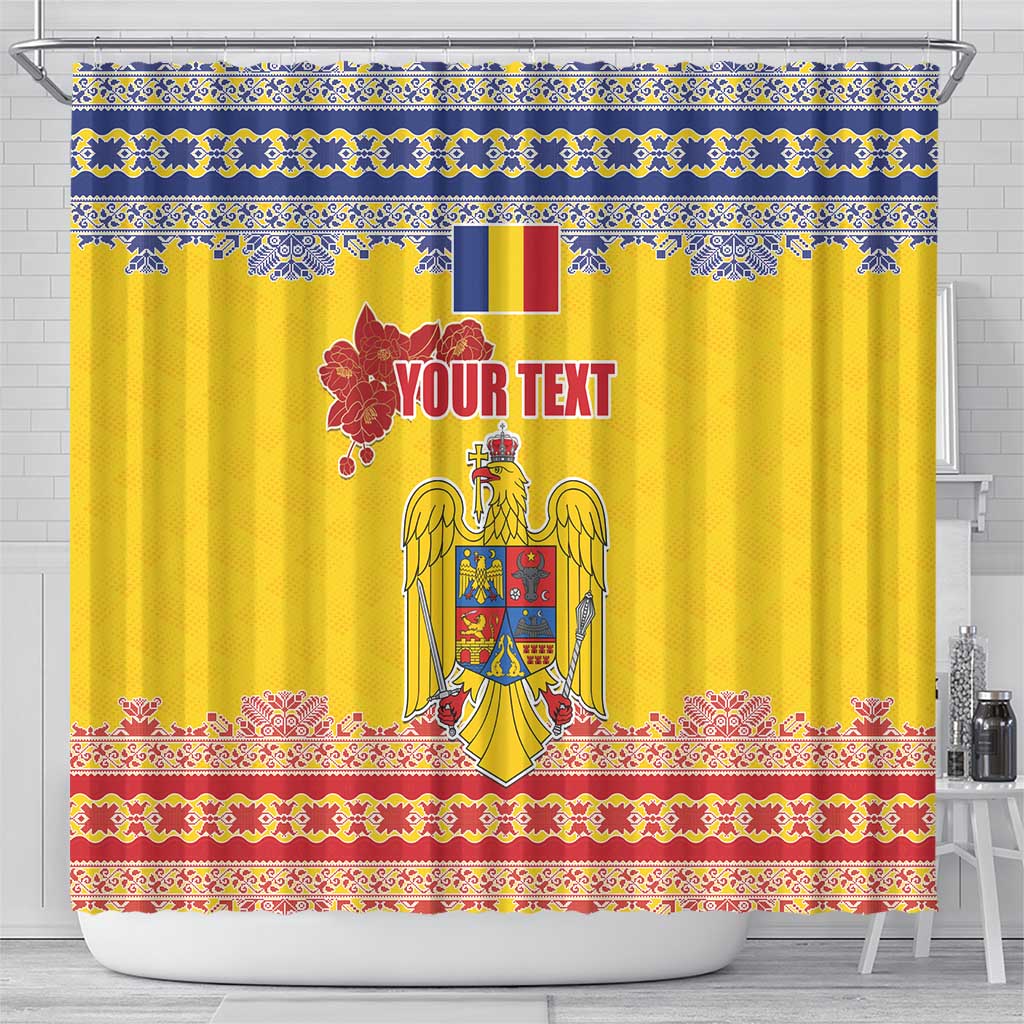 Personalized Vintage Romania Coat of Arms Shower Curtain Golden Eagle with Romanian Peony LT17