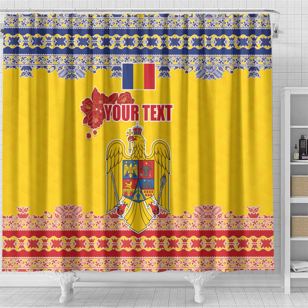 Personalized Vintage Romania Coat of Arms Shower Curtain Golden Eagle with Romanian Peony LT17