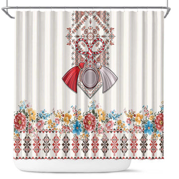 Romania Happy Martisor Day 1 March Shower Curtain Martenitsa and Peony Romanian Traditional Pattern LT17