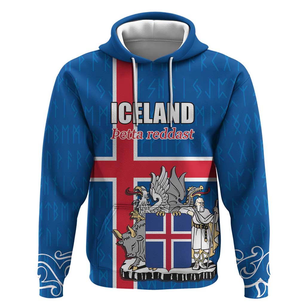Personalized Iceland Coat of Arms Hoodie Runic Alphabet Viking Runes Pattern LT17