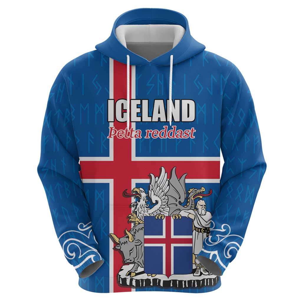 Personalized Iceland Coat of Arms Hoodie Runic Alphabet Viking Runes Pattern LT17