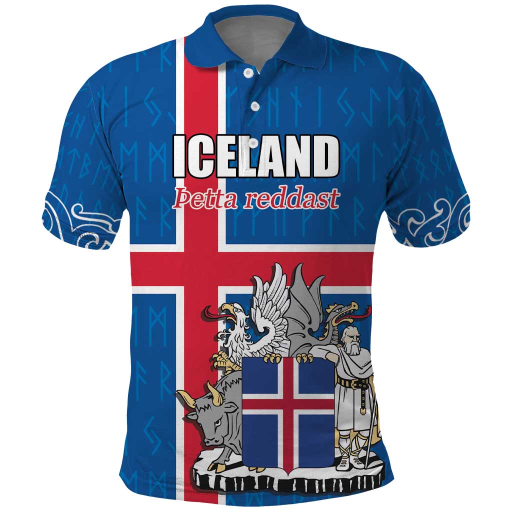 Personalized Iceland Coat of Arms Polo Shirt Runic Alphabet Viking Runes Pattern LT17