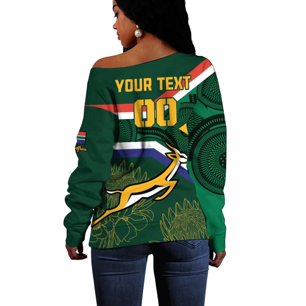Custom South Africa Rugby Off Shoulder Sweater Springboks Mascot African Pattern LT18