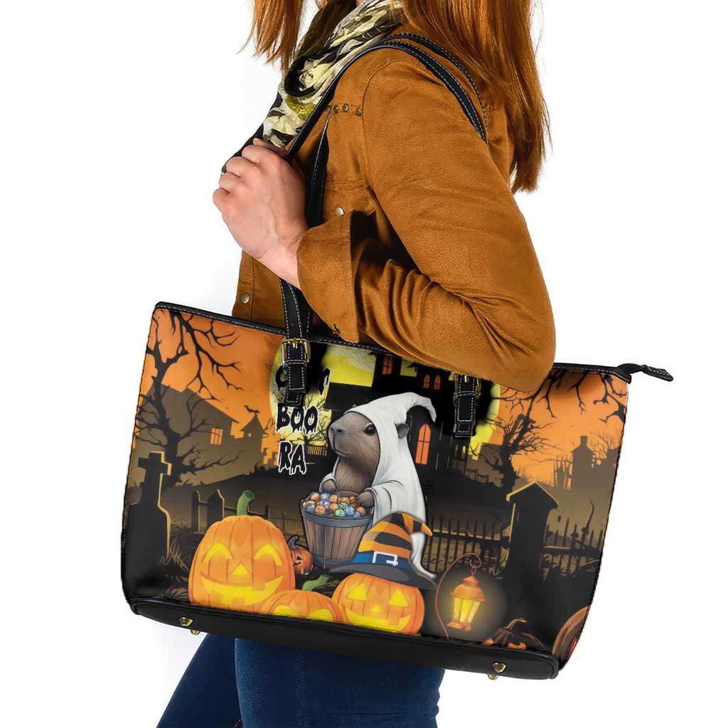 Capy-Boo-Ra Halloween Leather Tote Bag Haunted House And Pumpkin Spooky LT18