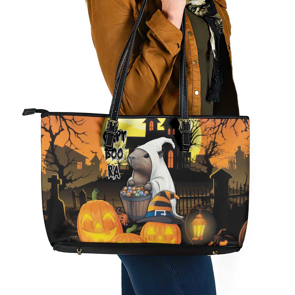 Capy-Boo-Ra Halloween Leather Tote Bag Haunted House And Pumpkin Spooky LT18