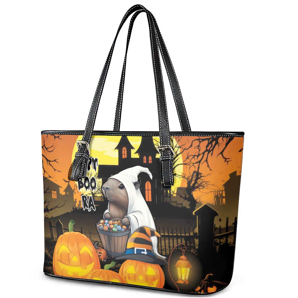 Capy-Boo-Ra Halloween Leather Tote Bag Haunted House And Pumpkin Spooky LT18
