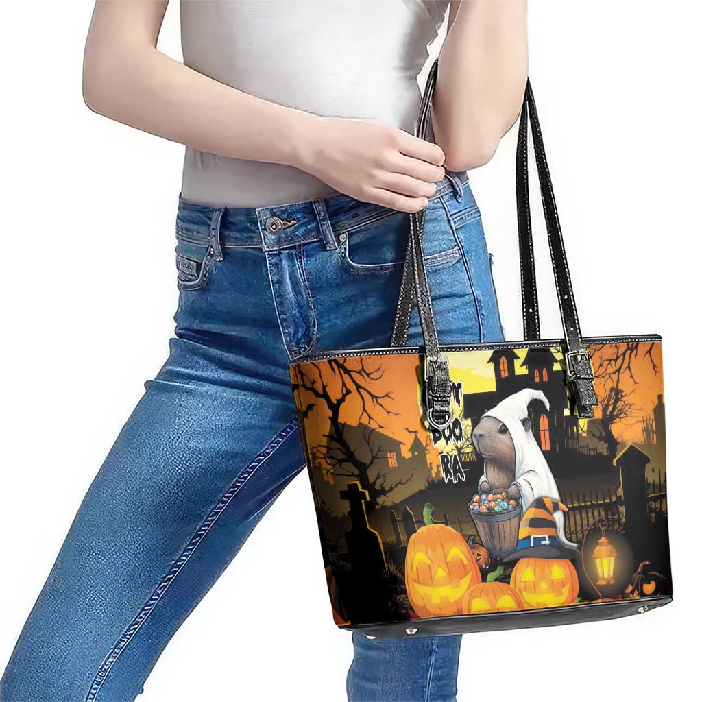 Capy-Boo-Ra Halloween Leather Tote Bag Haunted House And Pumpkin Spooky LT18