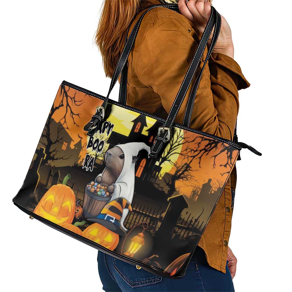 Capy-Boo-Ra Halloween Leather Tote Bag Haunted House And Pumpkin Spooky LT18