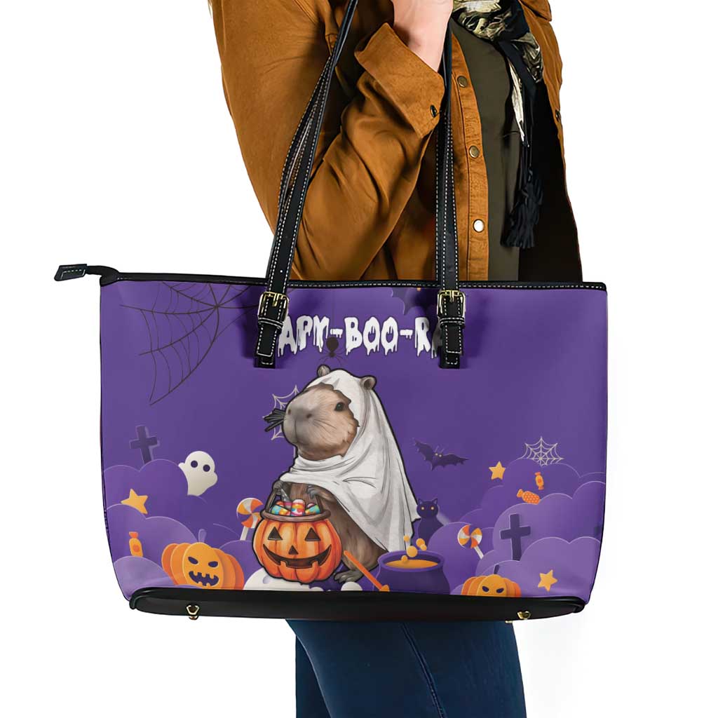 Capy-Boo-Ra Halloween Leather Tote Bag Bats And Pumpkins Funny Style LT18