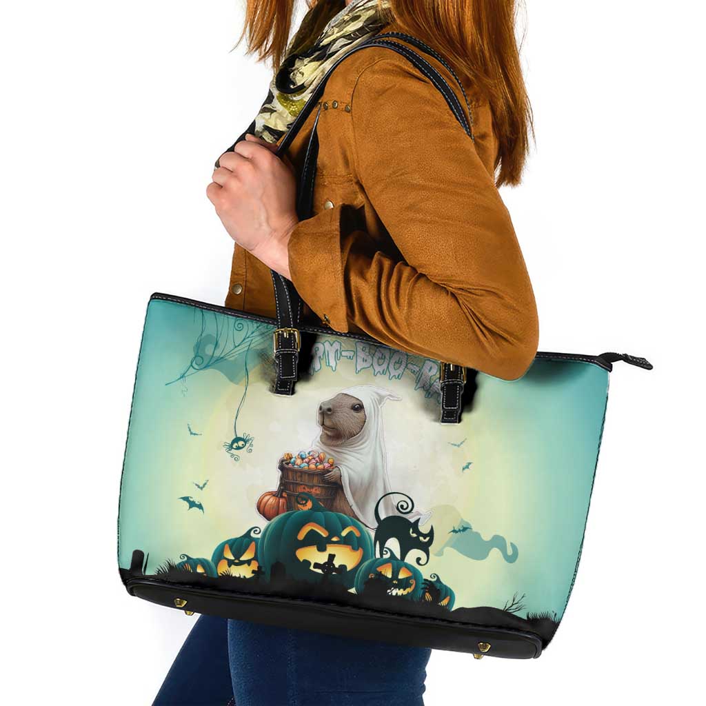 Capy-Boo-Ra Halloween Leather Tote Bag Spooky Halloween Night With Pumpkins LT18