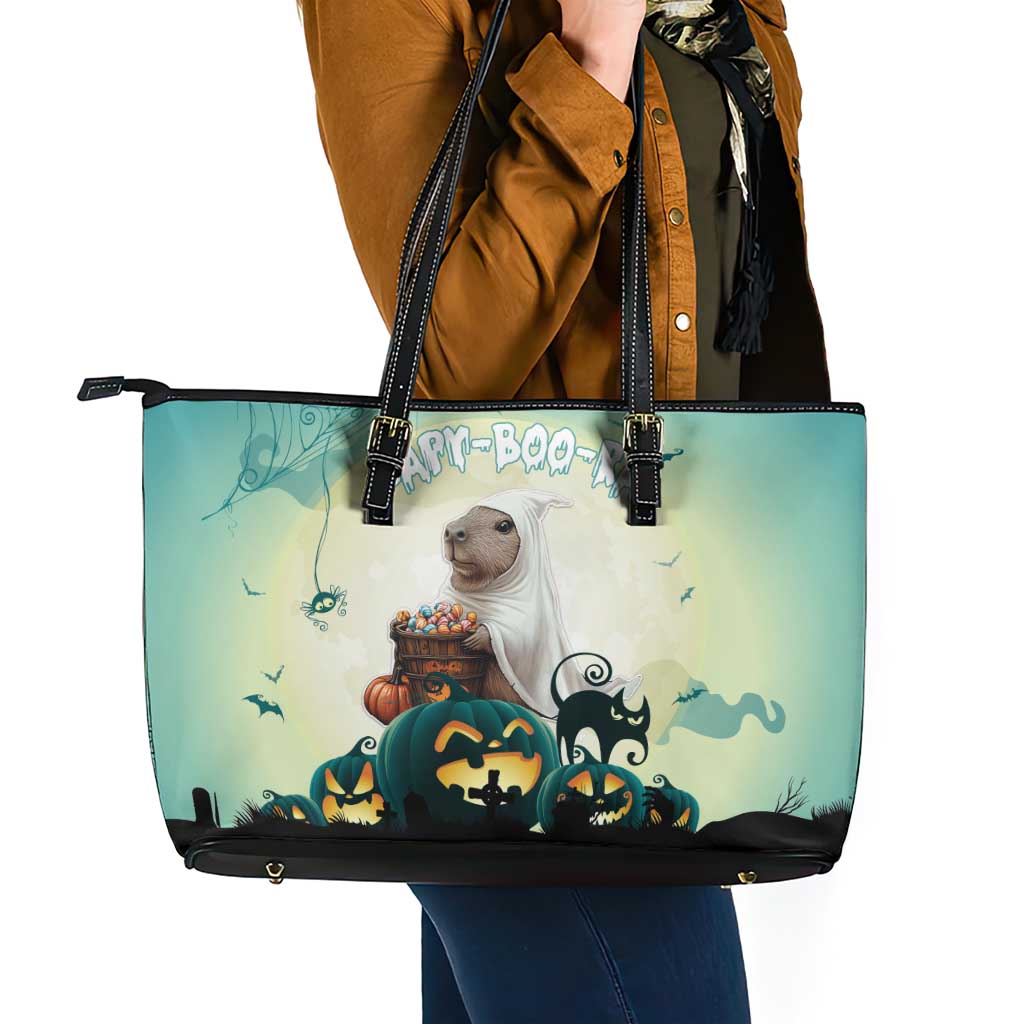Capy-Boo-Ra Halloween Leather Tote Bag Spooky Halloween Night With Pumpkins LT18