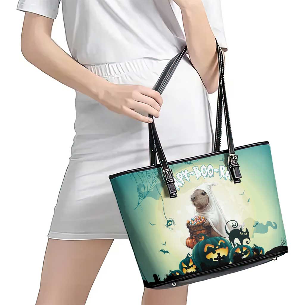 Capy-Boo-Ra Halloween Leather Tote Bag Spooky Halloween Night With Pumpkins LT18