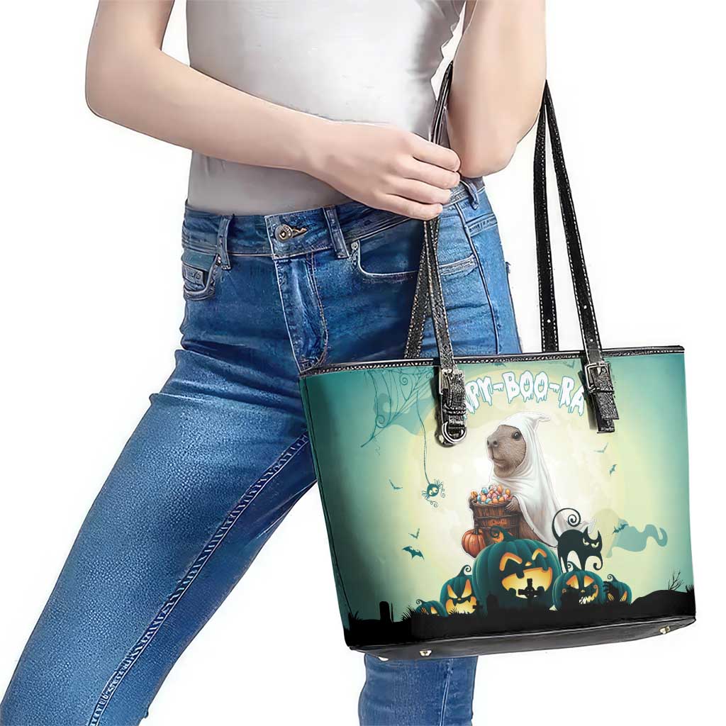 Capy-Boo-Ra Halloween Leather Tote Bag Spooky Halloween Night With Pumpkins LT18