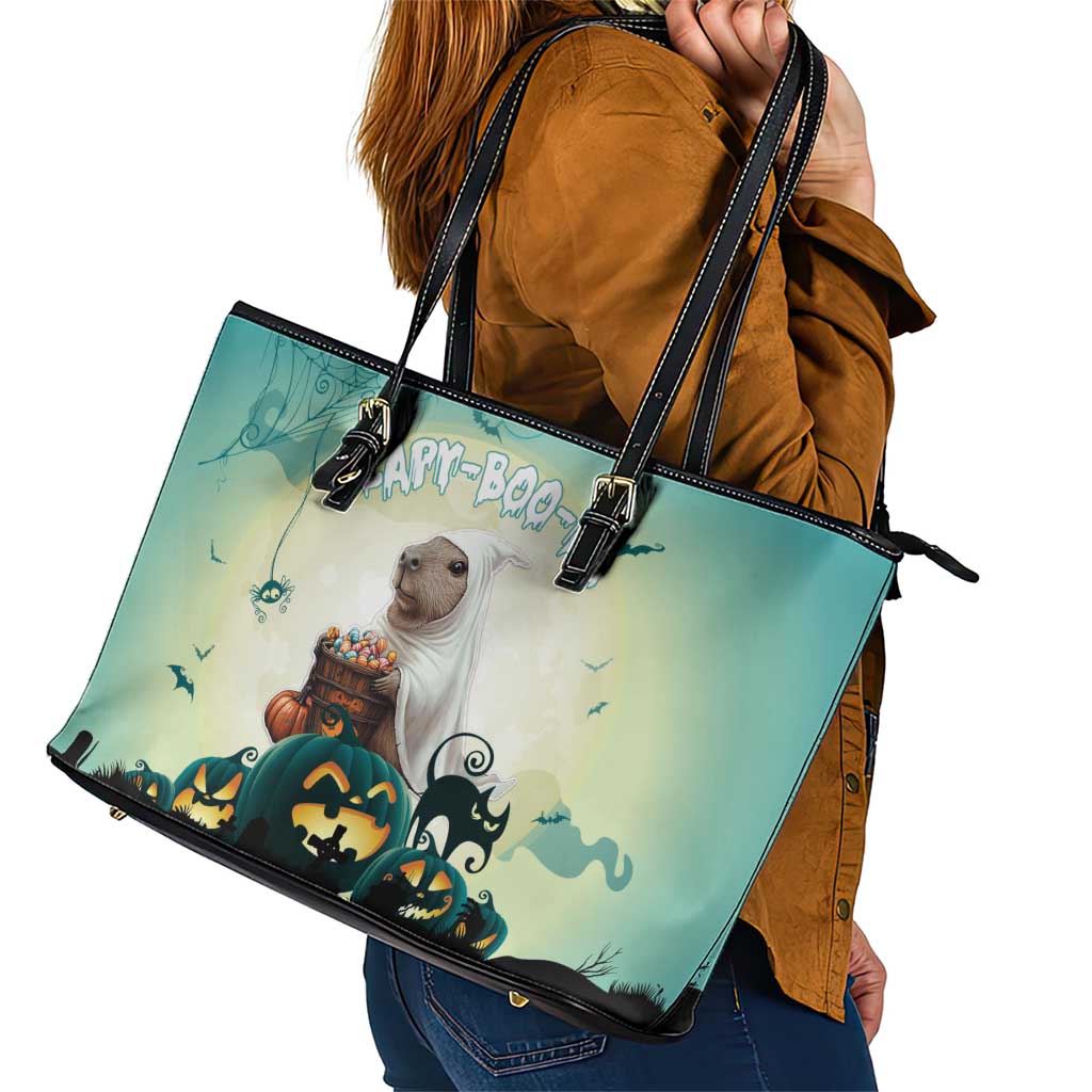 Capy-Boo-Ra Halloween Leather Tote Bag Spooky Halloween Night With Pumpkins LT18