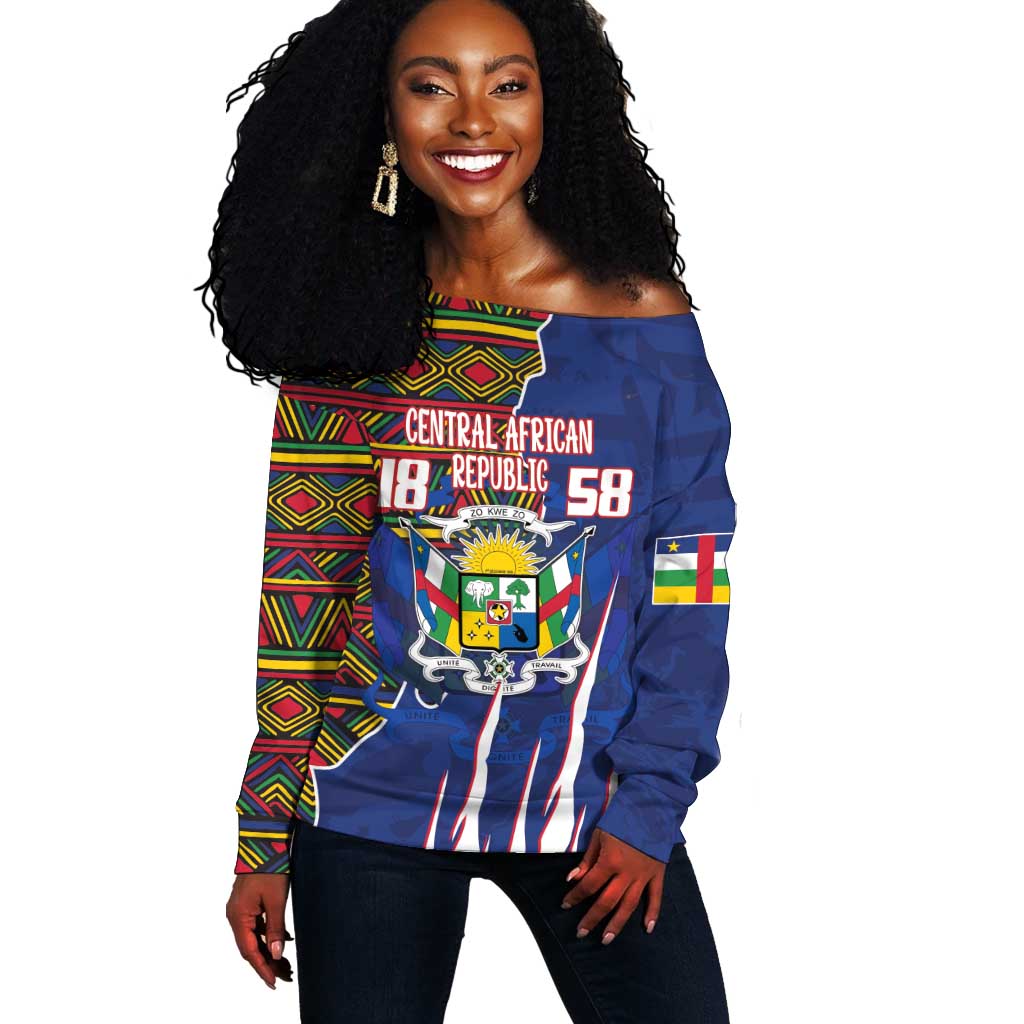 Personalized Central African Republic Coat Of Arms Off Shoulder Sweater Kente Pattern LT18