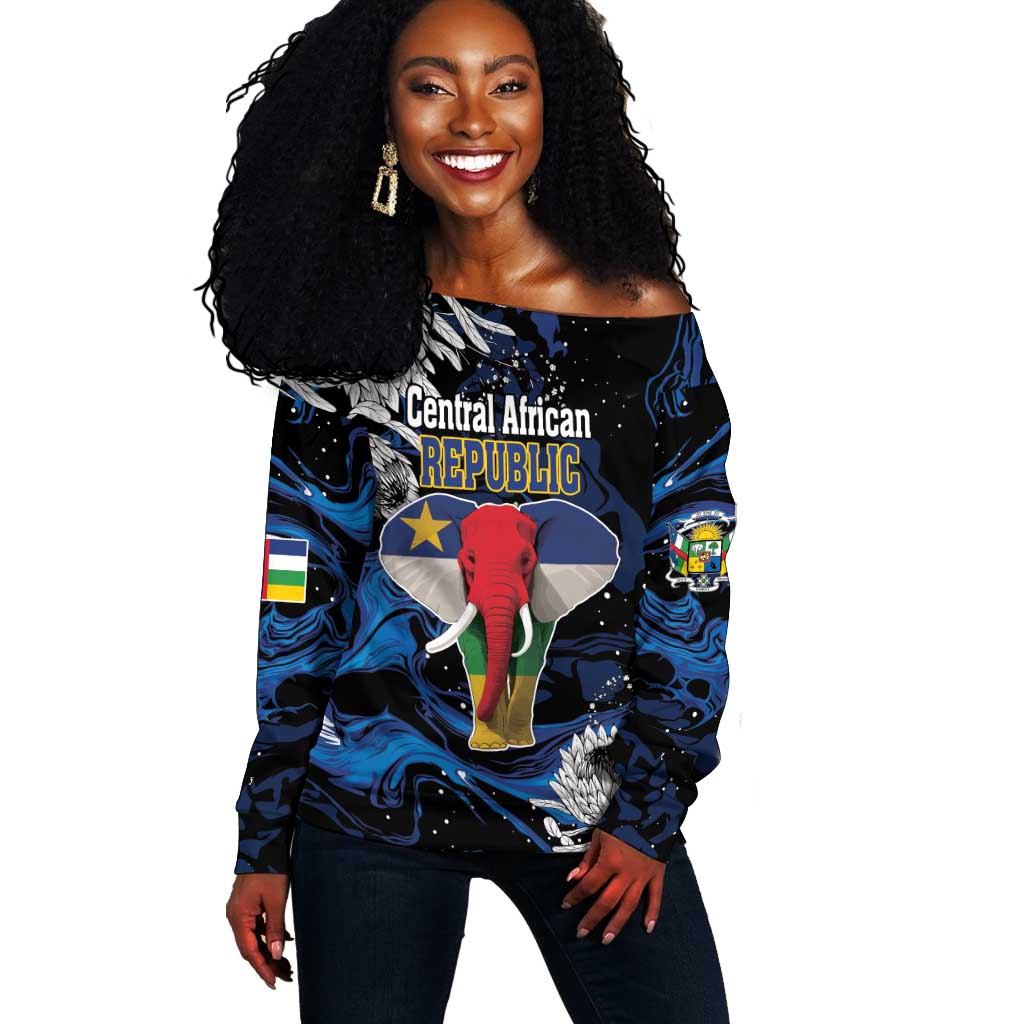 Personalized Central African Republic Off Shoulder Sweater Elephant With King Protea LT18