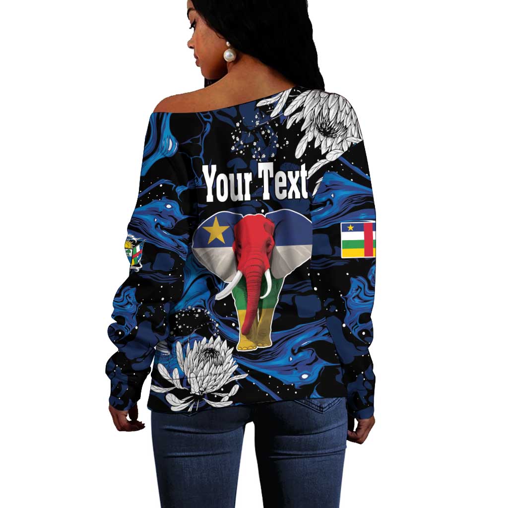 Personalized Central African Republic Off Shoulder Sweater Elephant With King Protea LT18
