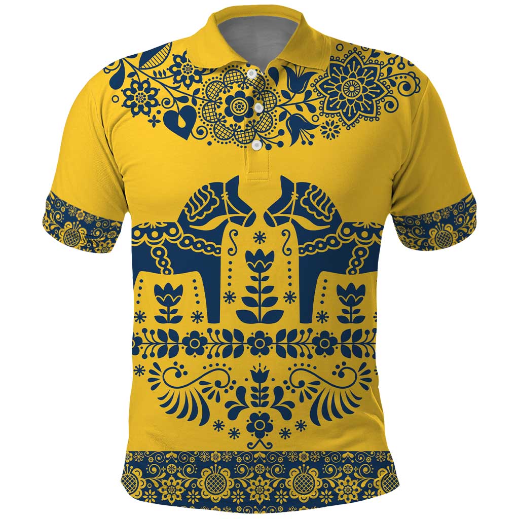 Sweden Dalecarlian Horse Polo Shirt Floral Folk Pattern Yellow Version LT18
