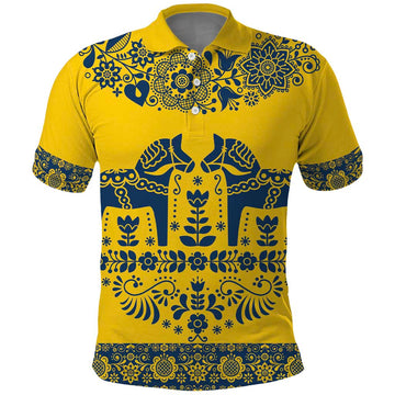 Sweden Dalecarlian Horse Polo Shirt Floral Folk Pattern Yellow Version LT18