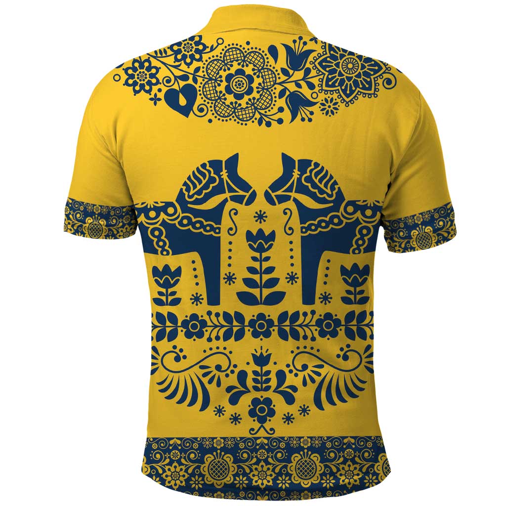Sweden Dalecarlian Horse Polo Shirt Floral Folk Pattern Yellow Version LT18