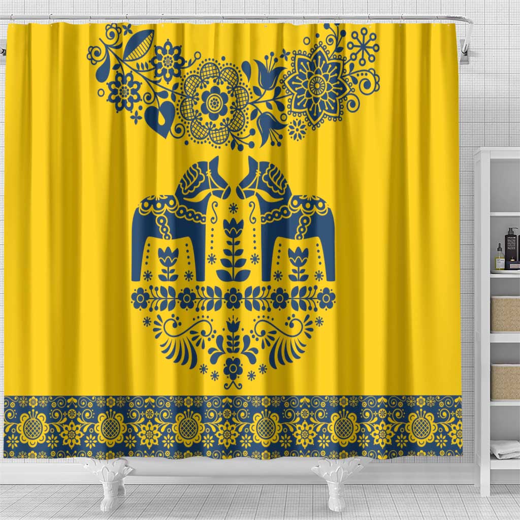 Sweden Dalecarlian Horse Shower Curtain Floral Folk Pattern Yellow Version LT18
