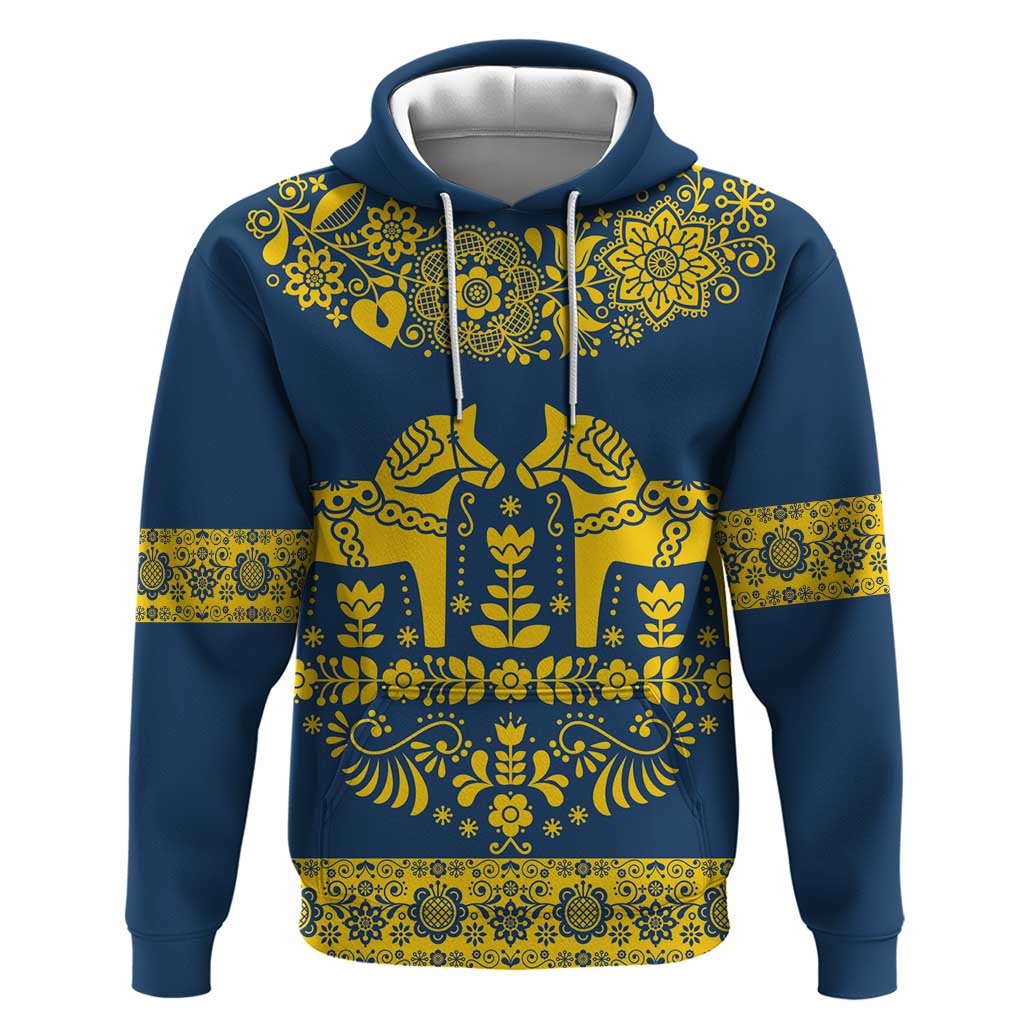 Sweden Dalecarlian Horse Hoodie Floral Folk Pattern Blue Version LT18
