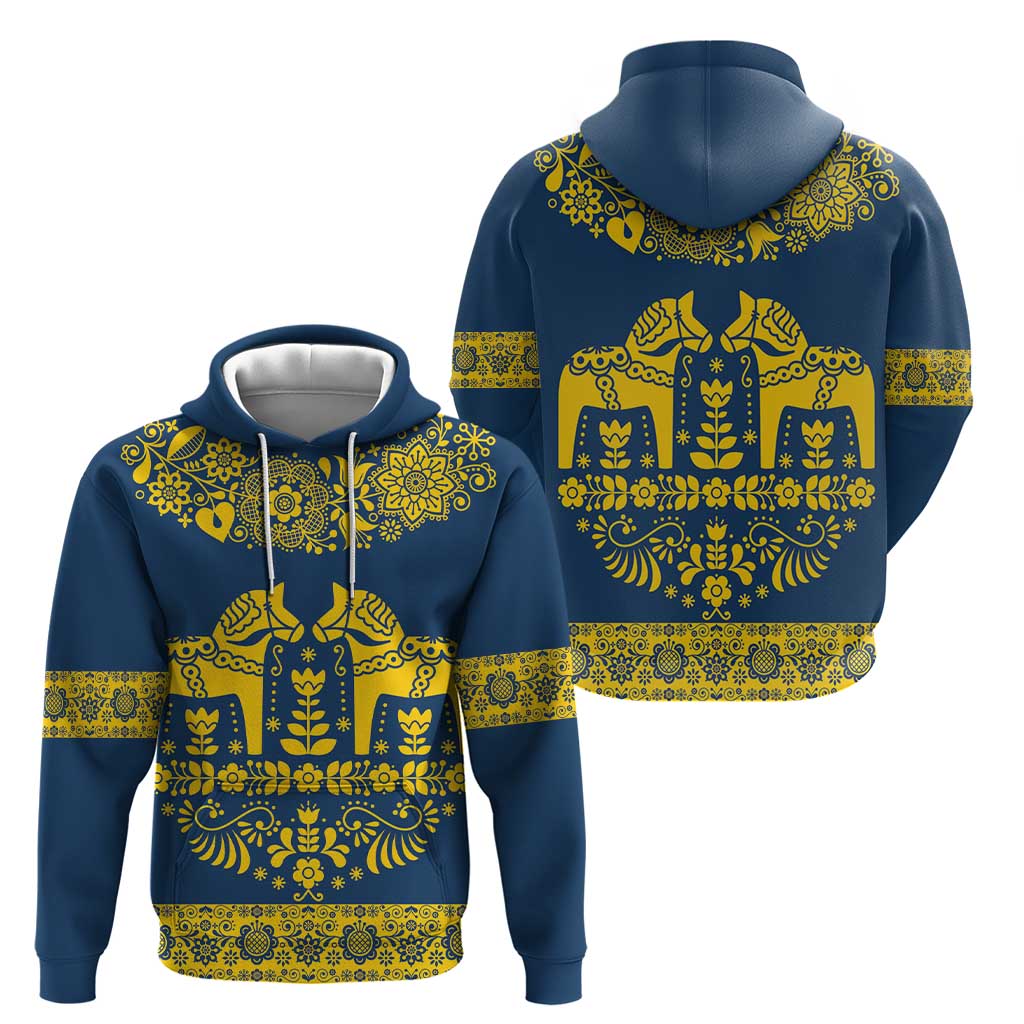 Sweden Dalecarlian Horse Hoodie Floral Folk Pattern Blue Version LT18