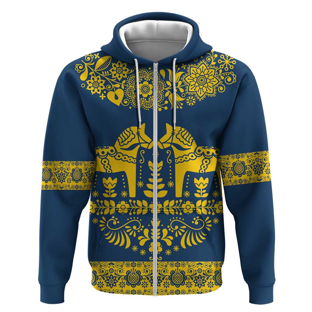 Sweden Dalecarlian Horse Hoodie Floral Folk Pattern Blue Version LT18