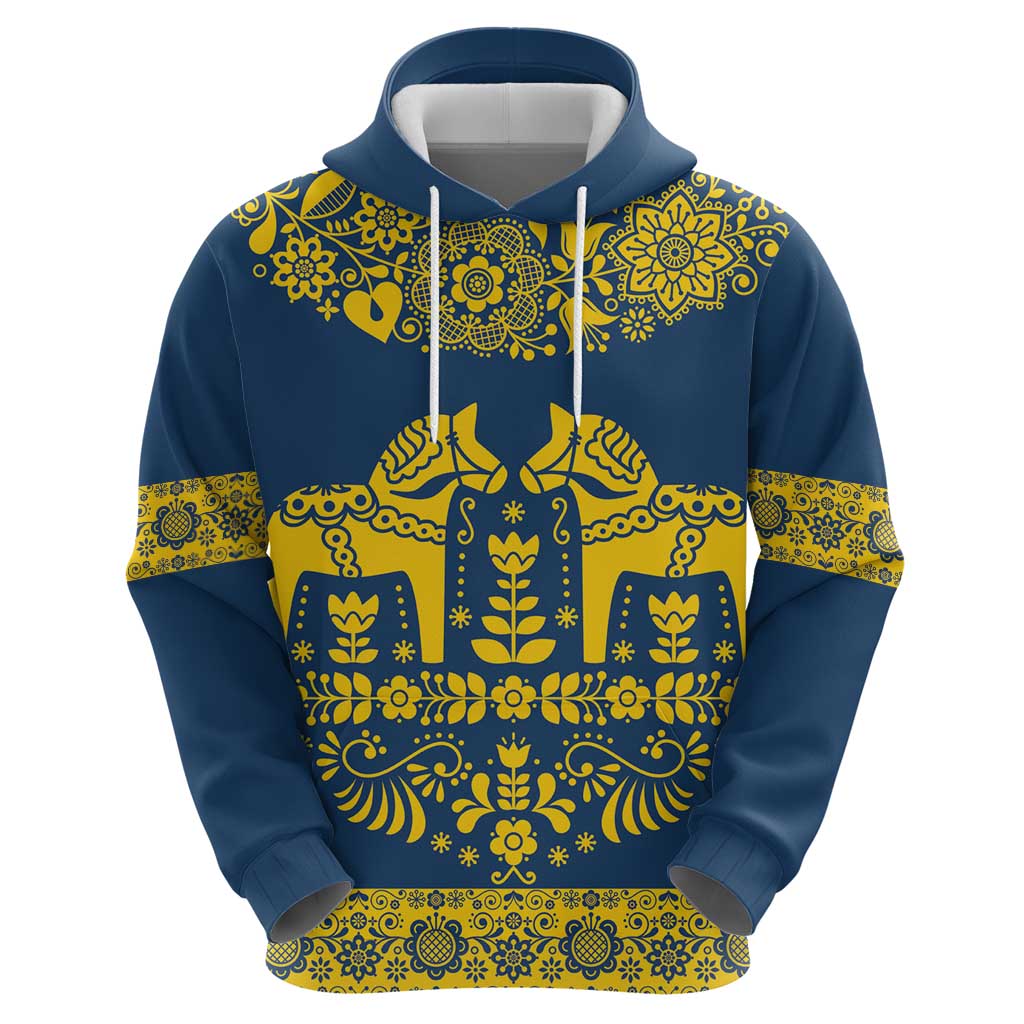 Sweden Dalecarlian Horse Hoodie Floral Folk Pattern Blue Version LT18