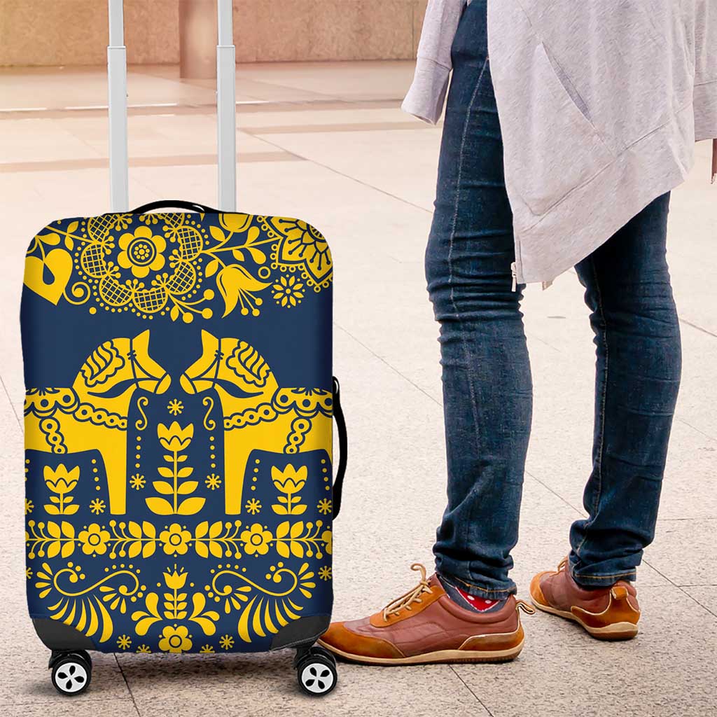 Sweden Dalecarlian Horse Luggage Cover Floral Folk Pattern Blue Version LT18