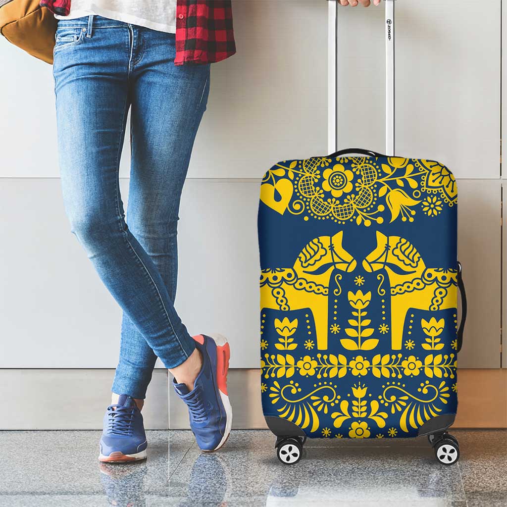 Sweden Dalecarlian Horse Luggage Cover Floral Folk Pattern Blue Version LT18
