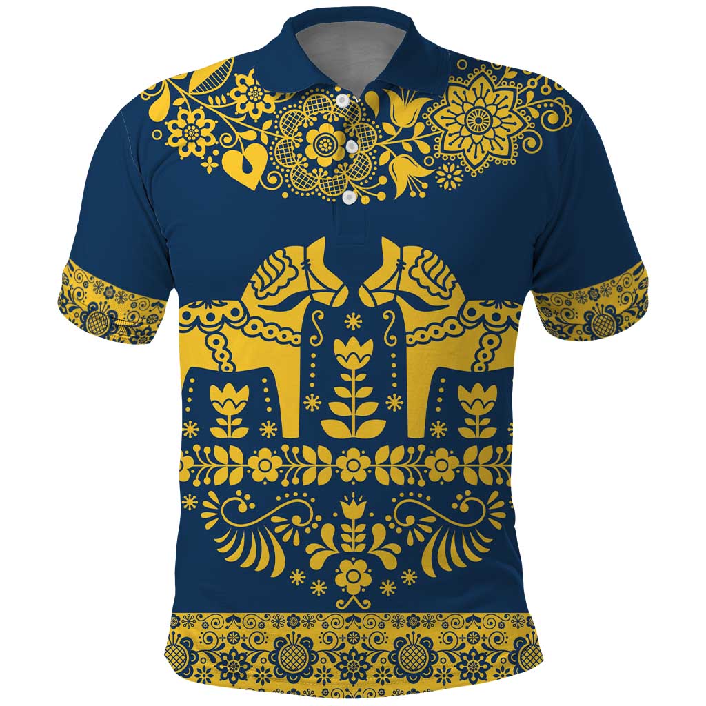 Sweden Dalecarlian Horse Polo Shirt Floral Folk Pattern Blue Version LT18