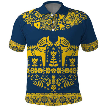 Sweden Dalecarlian Horse Polo Shirt Floral Folk Pattern Blue Version LT18