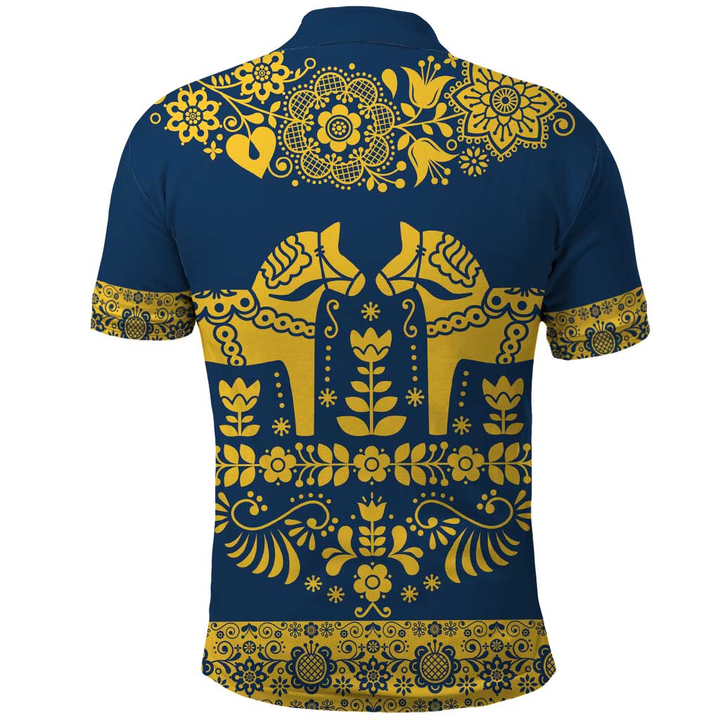 Sweden Dalecarlian Horse Polo Shirt Floral Folk Pattern Blue Version LT18