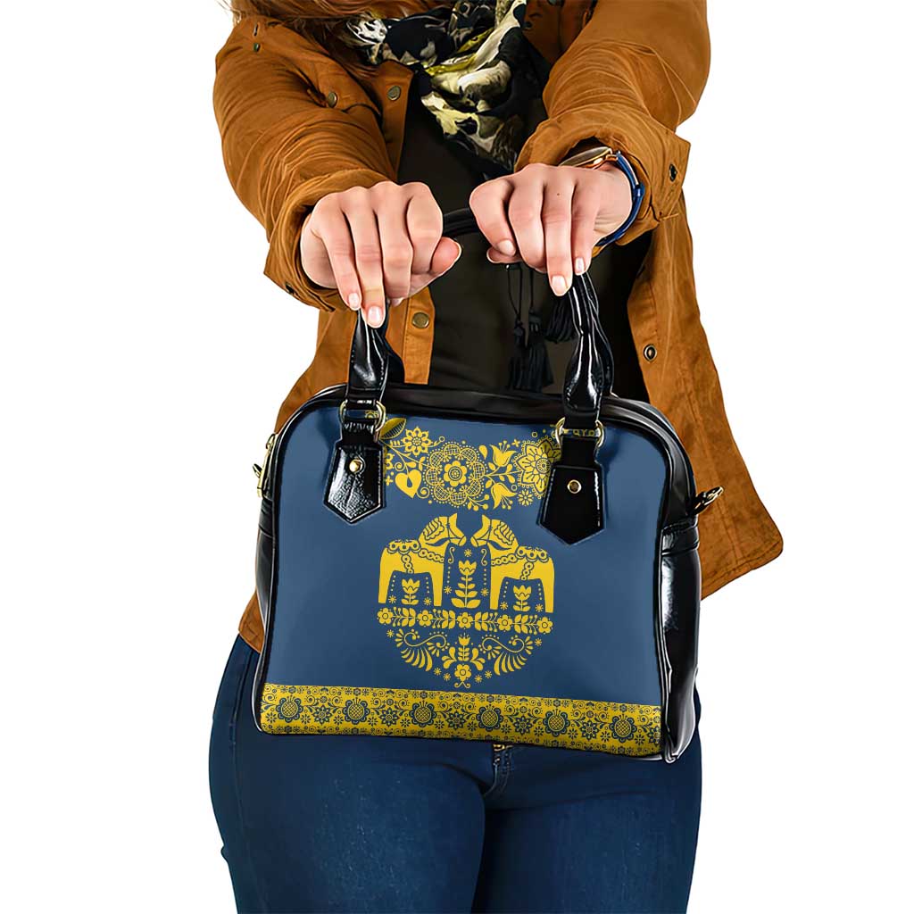 Sweden Dalecarlian Horse Shoulder Handbag Floral Folk Pattern Blue Version LT18