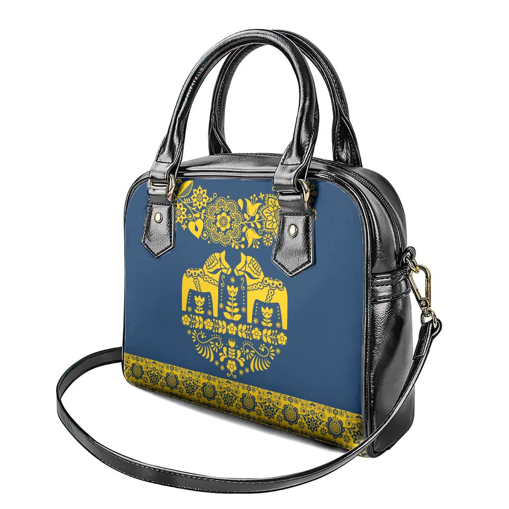 Sweden Dalecarlian Horse Shoulder Handbag Floral Folk Pattern Blue Version LT18