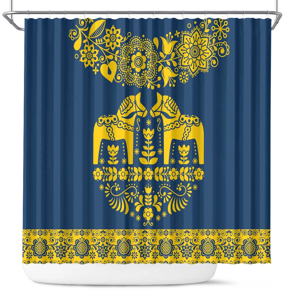 Sweden Dalecarlian Horse Shower Curtain Floral Folk Pattern Blue Version LT18