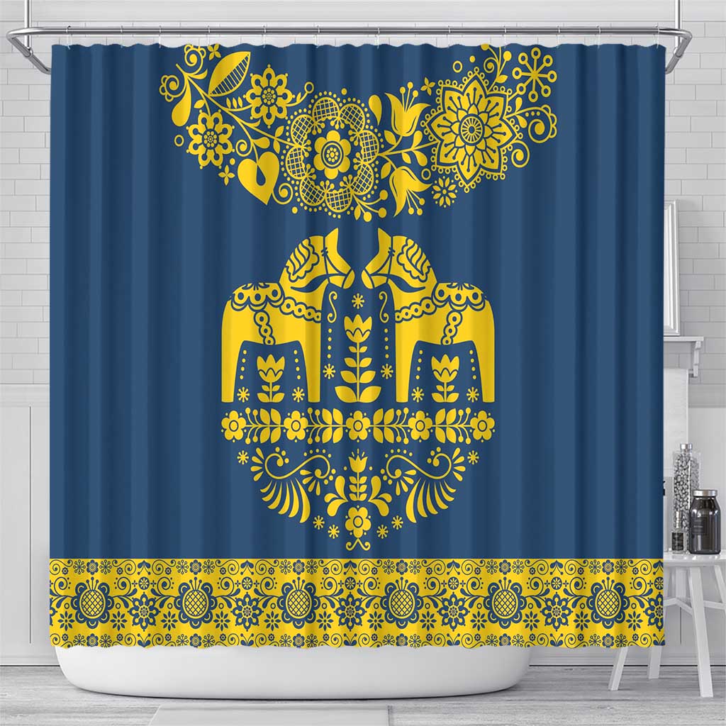 Sweden Dalecarlian Horse Shower Curtain Floral Folk Pattern Blue Version LT18