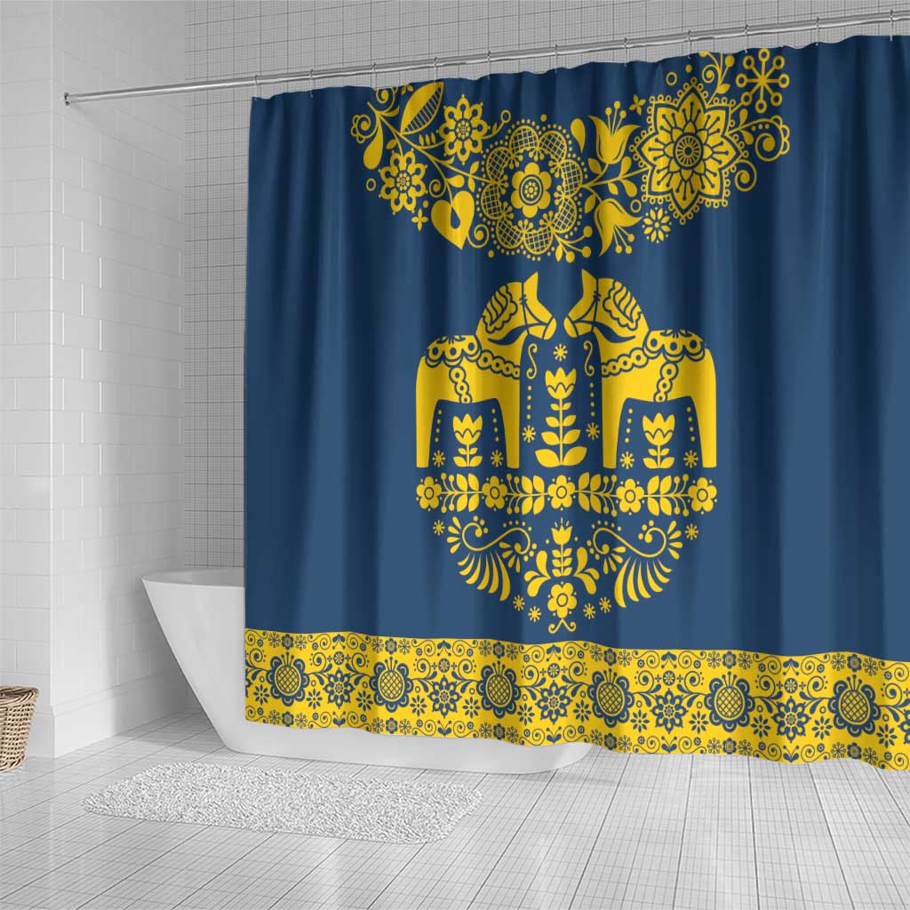Sweden Dalecarlian Horse Shower Curtain Floral Folk Pattern Blue Version LT18