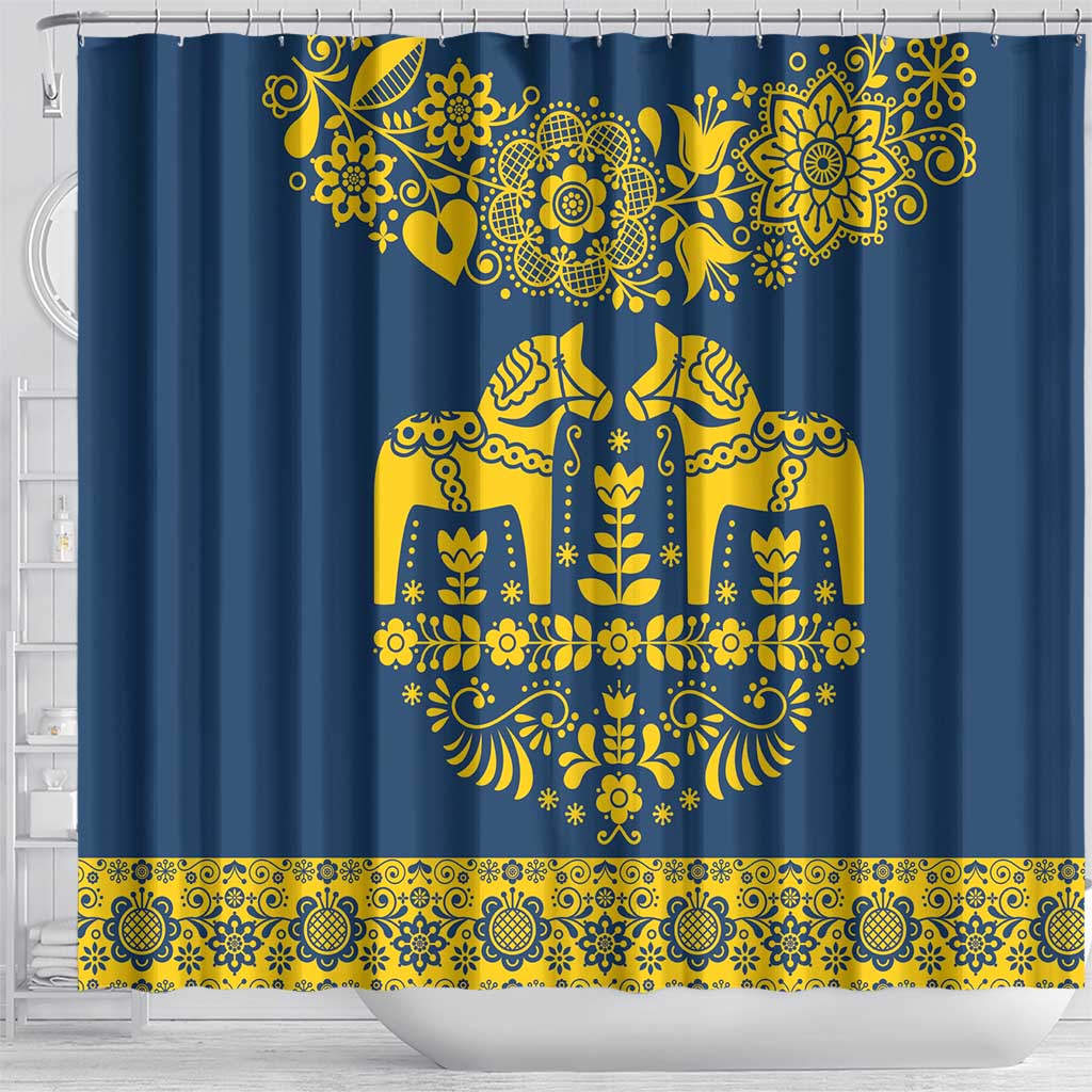 Sweden Dalecarlian Horse Shower Curtain Floral Folk Pattern Blue Version LT18