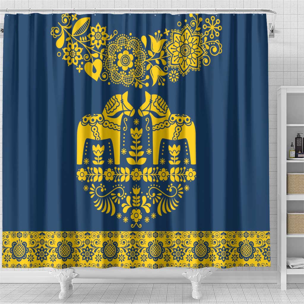 Sweden Dalecarlian Horse Shower Curtain Floral Folk Pattern Blue Version LT18