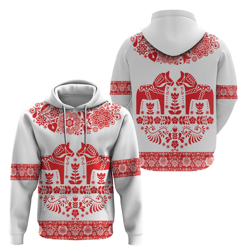 Sweden Dalecarlian Horse Hoodie Floral Folk Pattern White Version LT18