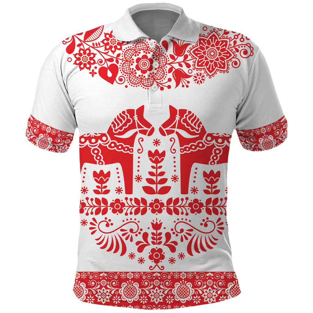 Sweden Dalecarlian Horse Polo Shirt Floral Folk Pattern White Version LT18