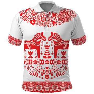 Sweden Dalecarlian Horse Polo Shirt Floral Folk Pattern White Version LT18