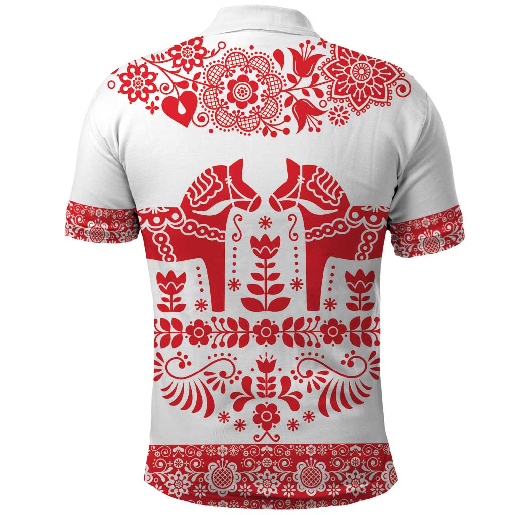 Sweden Dalecarlian Horse Polo Shirt Floral Folk Pattern White Version LT18