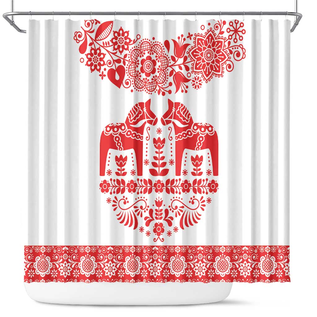Sweden Dalecarlian Horse Shower Curtain Floral Folk Pattern White Version LT18