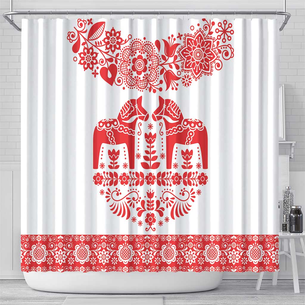 Sweden Dalecarlian Horse Shower Curtain Floral Folk Pattern White Version LT18